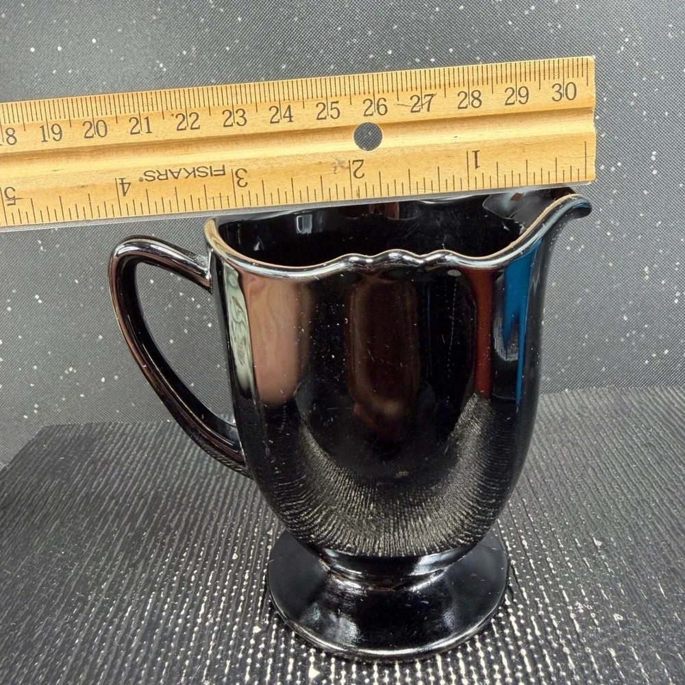 New Martinsville Black Amethyst Glass Creamer and Sugar Bowl Set Scalloped